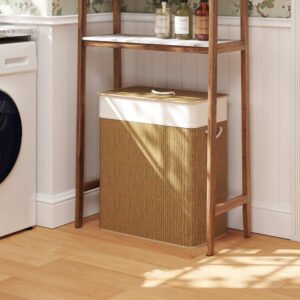 Double Laundry Basket With Lid, 26.4 Gallon Bamboo Laundry Hamper With Rope Handles And Removable Liner, Brown